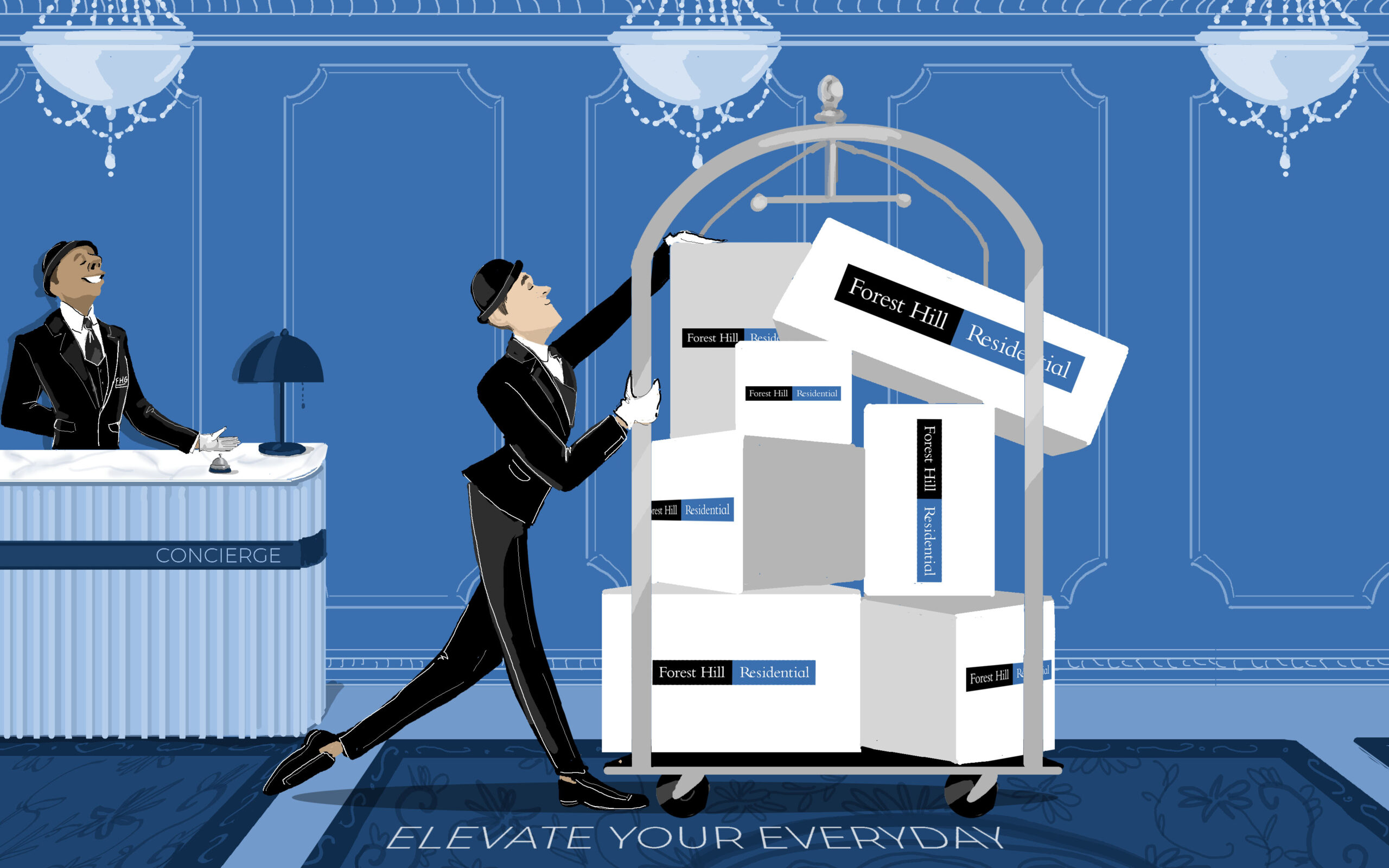 Illustration of a Forest Hill porter wheeling a luggage cart past the concierge desk
